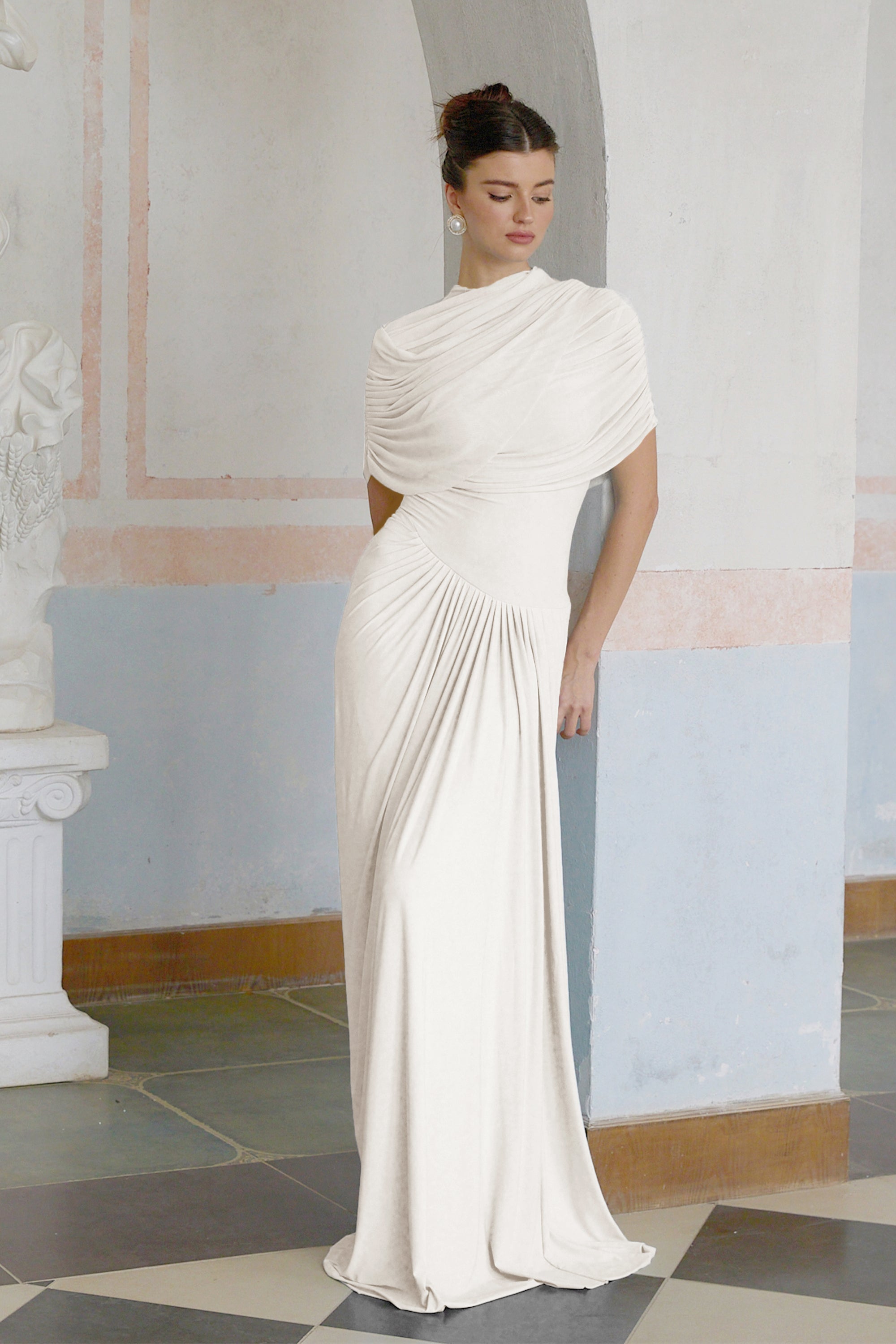 Catherine White Asymmetrical Pleated Maxi Dress