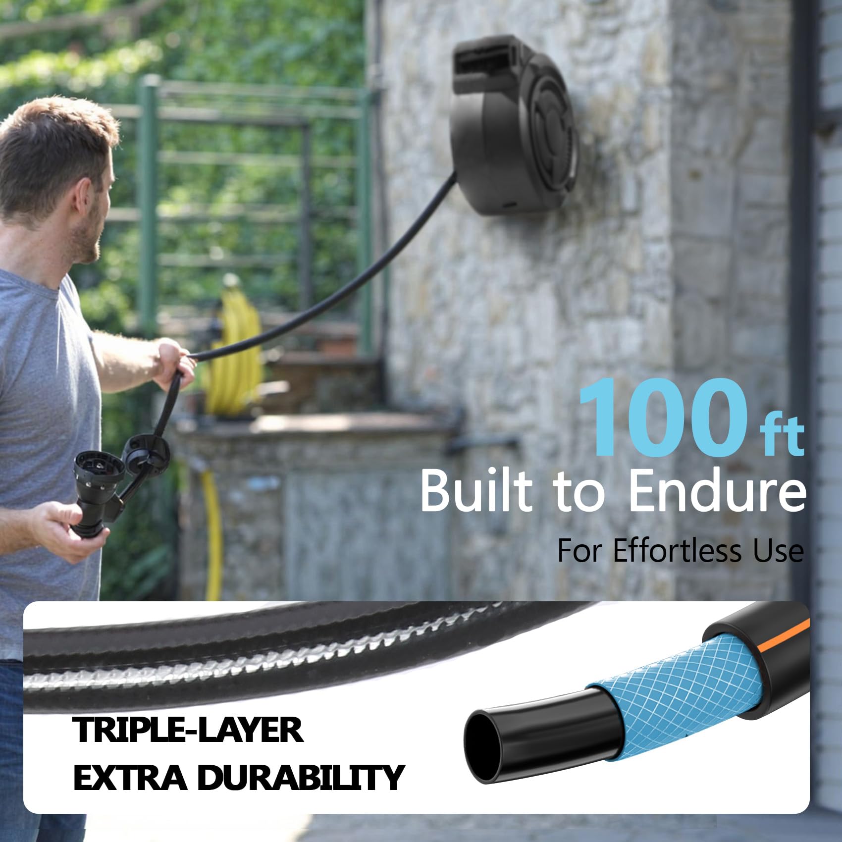Hose Reel 1/2 in x 100 ft, 180掳 Swivel Wall-Mounted Garden Hose Reel