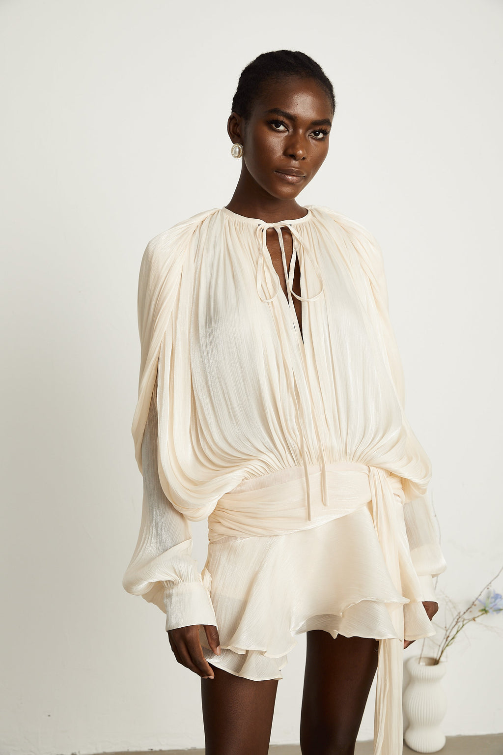 Eugénie Neutral Fully Pleated Ruffled Mini Dress