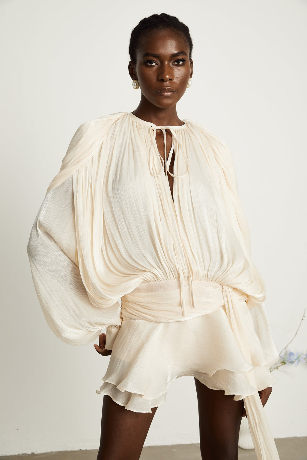 Eugénie Neutral Fully Pleated Ruffled Mini Dress