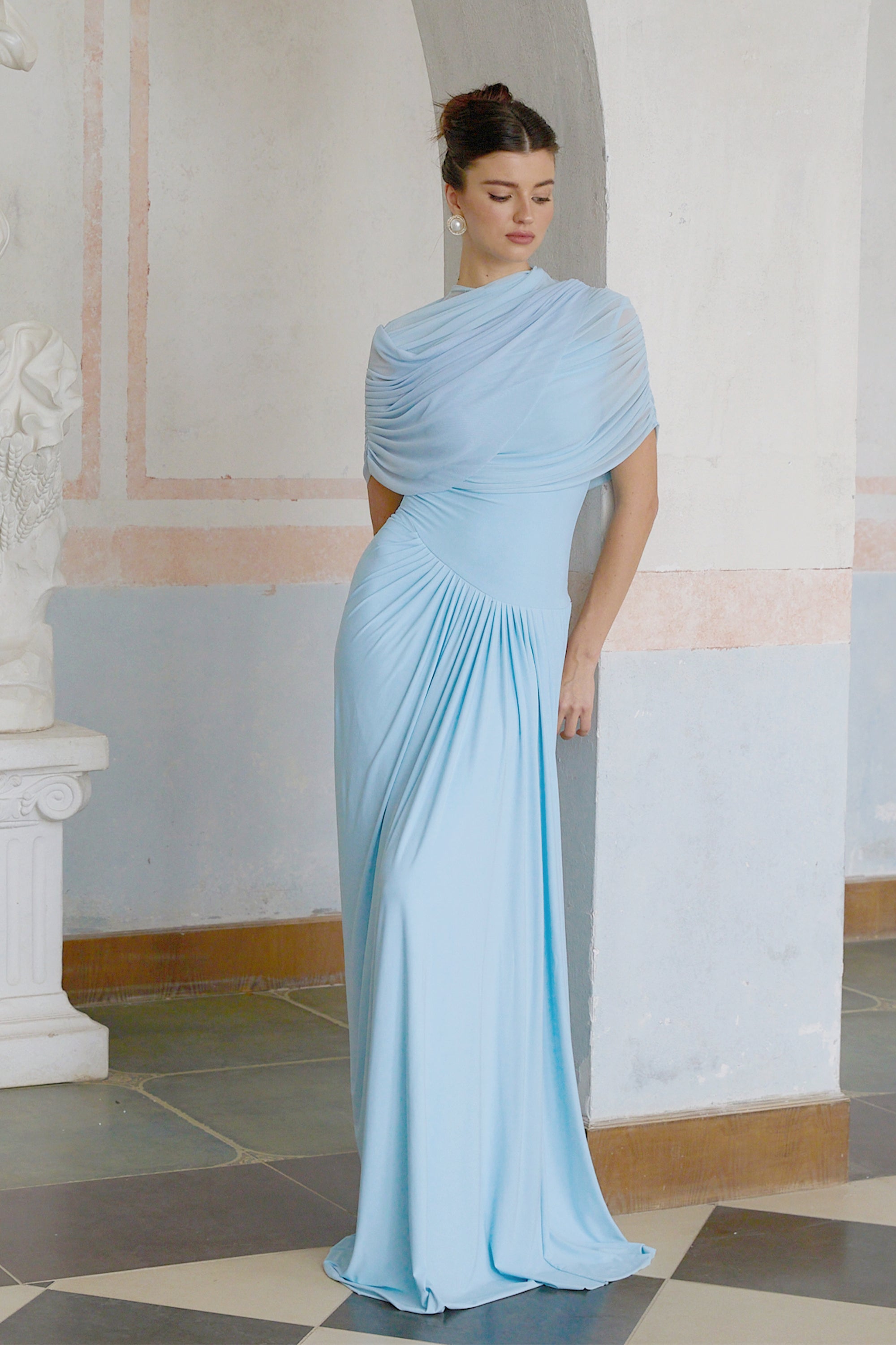 Catherine asymmetrical pleated maxi dress in Baby-blue