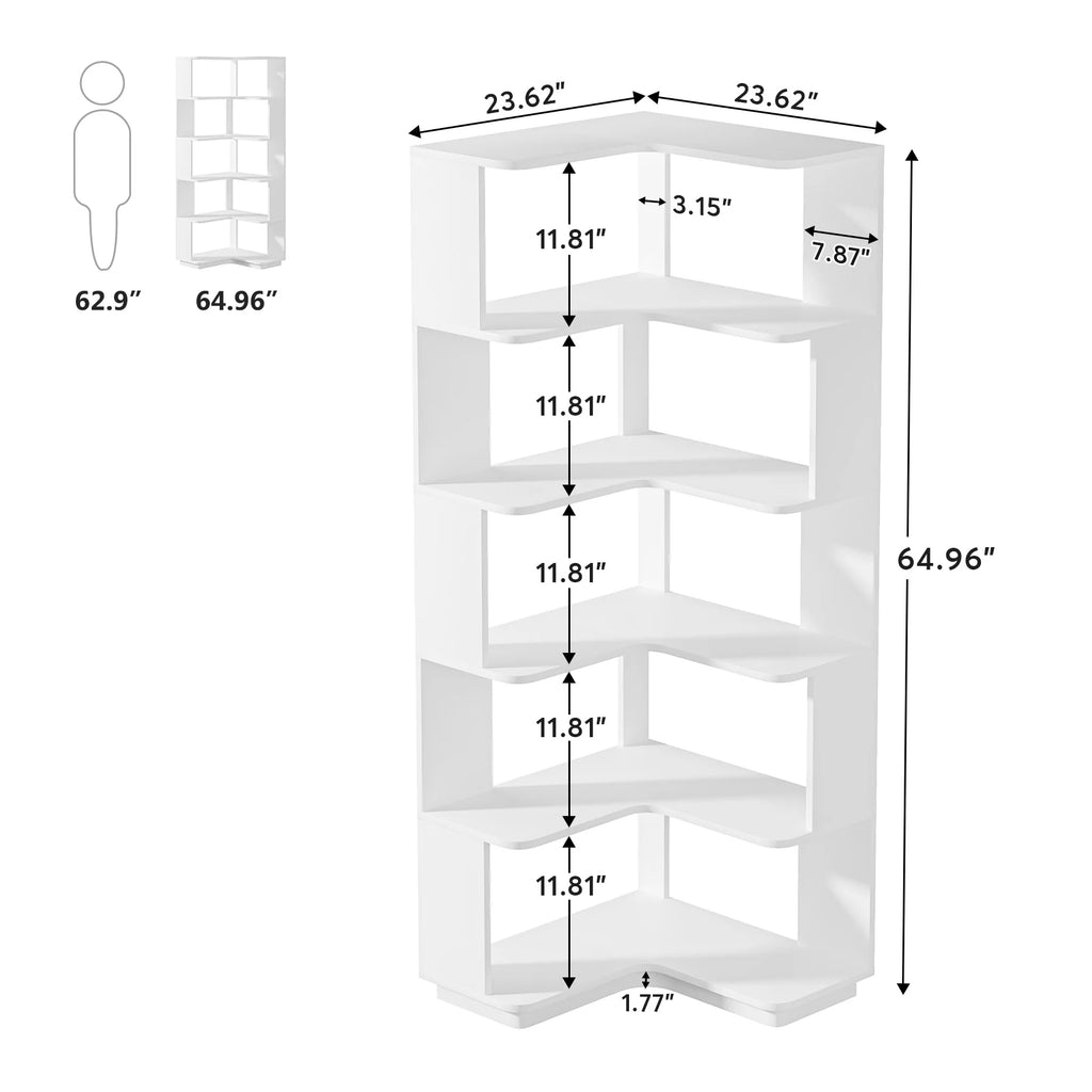 6-Tier Corner Book Shelf, 64.9Tall Freestanding Wood Industrial Bookcase Bookshelf