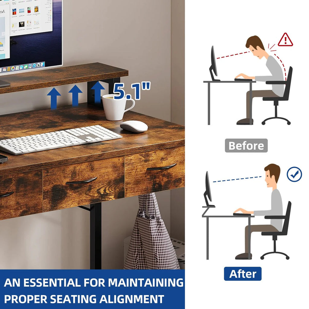 Moasis Small Computer Desk with Fabric Drawers and Monitor Stand