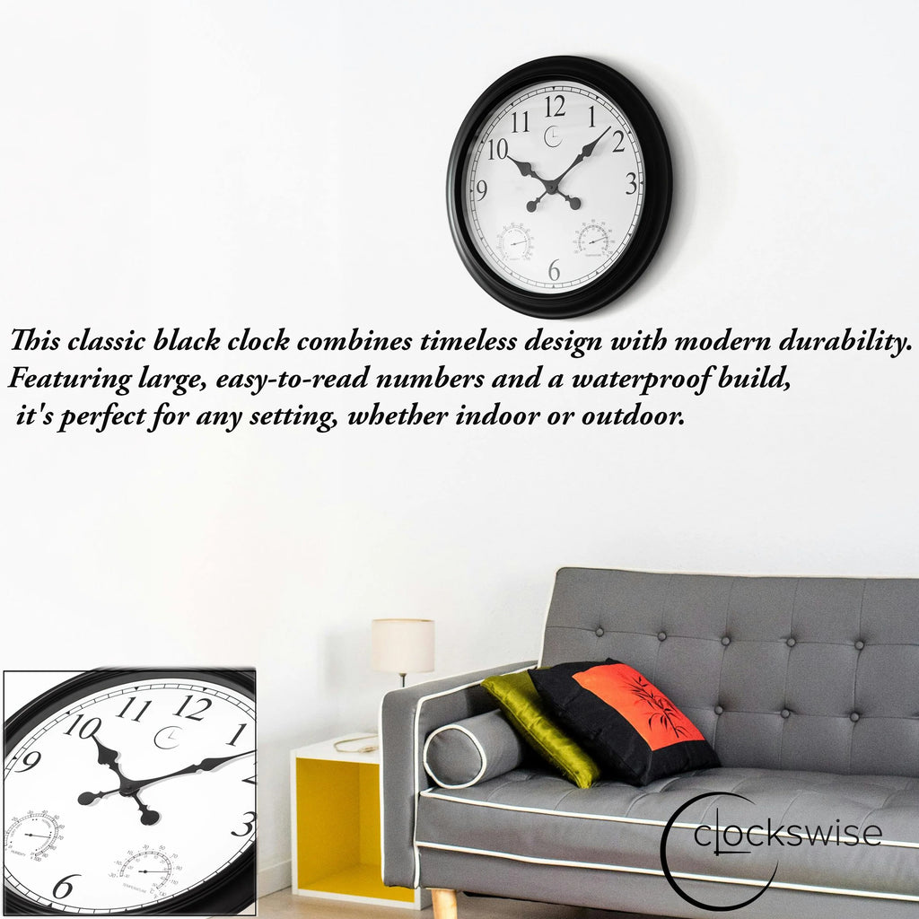 Large Outdoor Wall Clock Thermometer Combo, Waterproof Silent Garden Weather Station Home Indoor Patio Pool Black