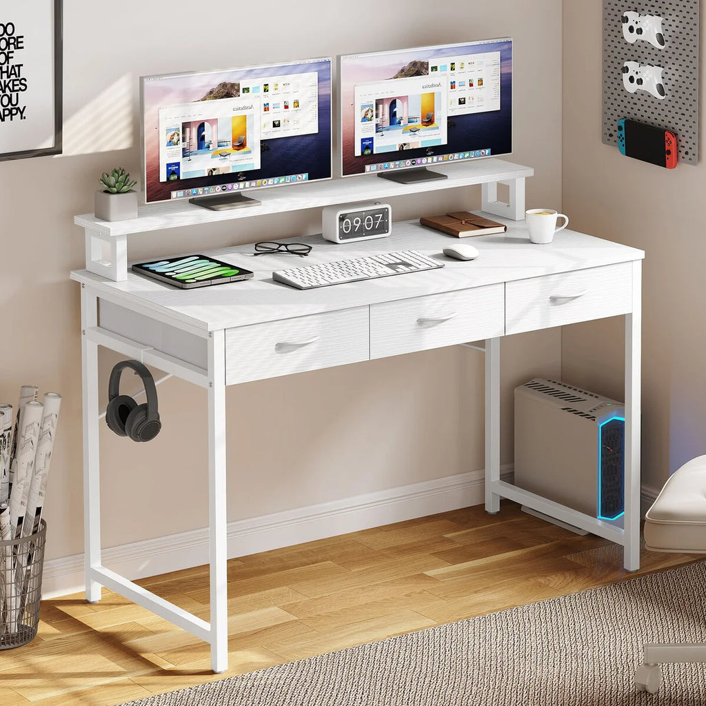 Moasis Small Computer Desk with Fabric Drawers and Monitor Stand
