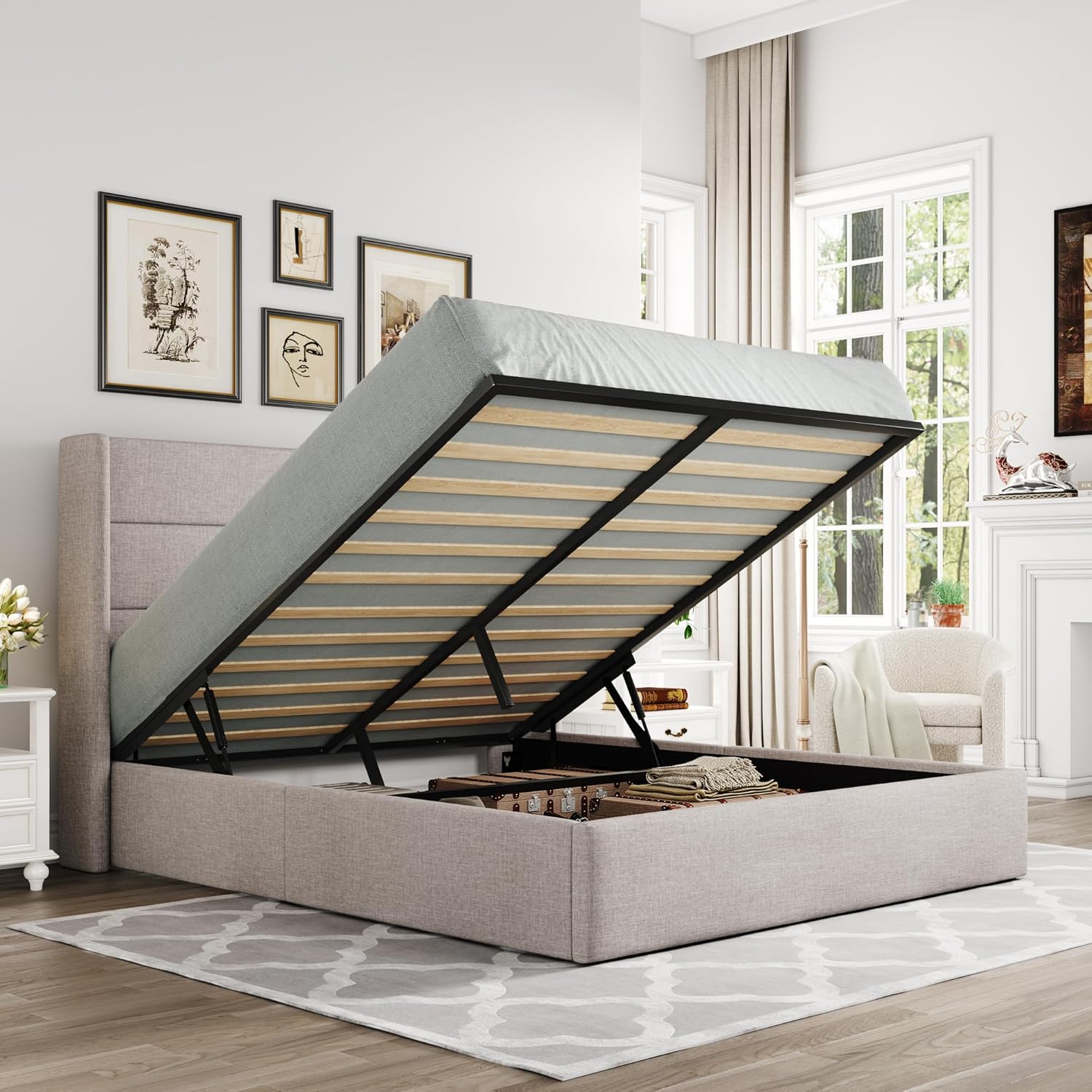ALLEWIE Queen Size Lift Up Storage Bed with Wingback Headboard