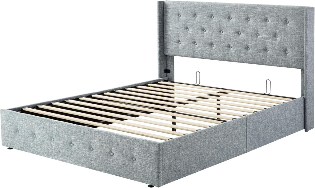 ALLEWIE Queen Size Lift Up Storage Bed with Wingback Headboard