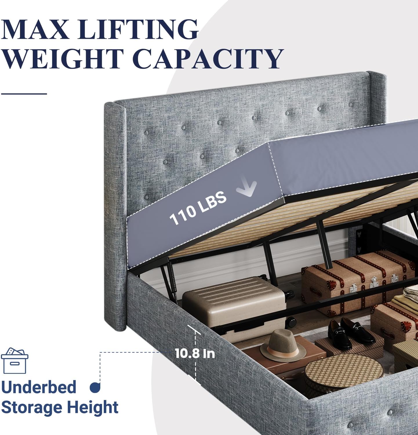 ALLEWIE Queen Size Lift Up Storage Bed with Wingback Headboard