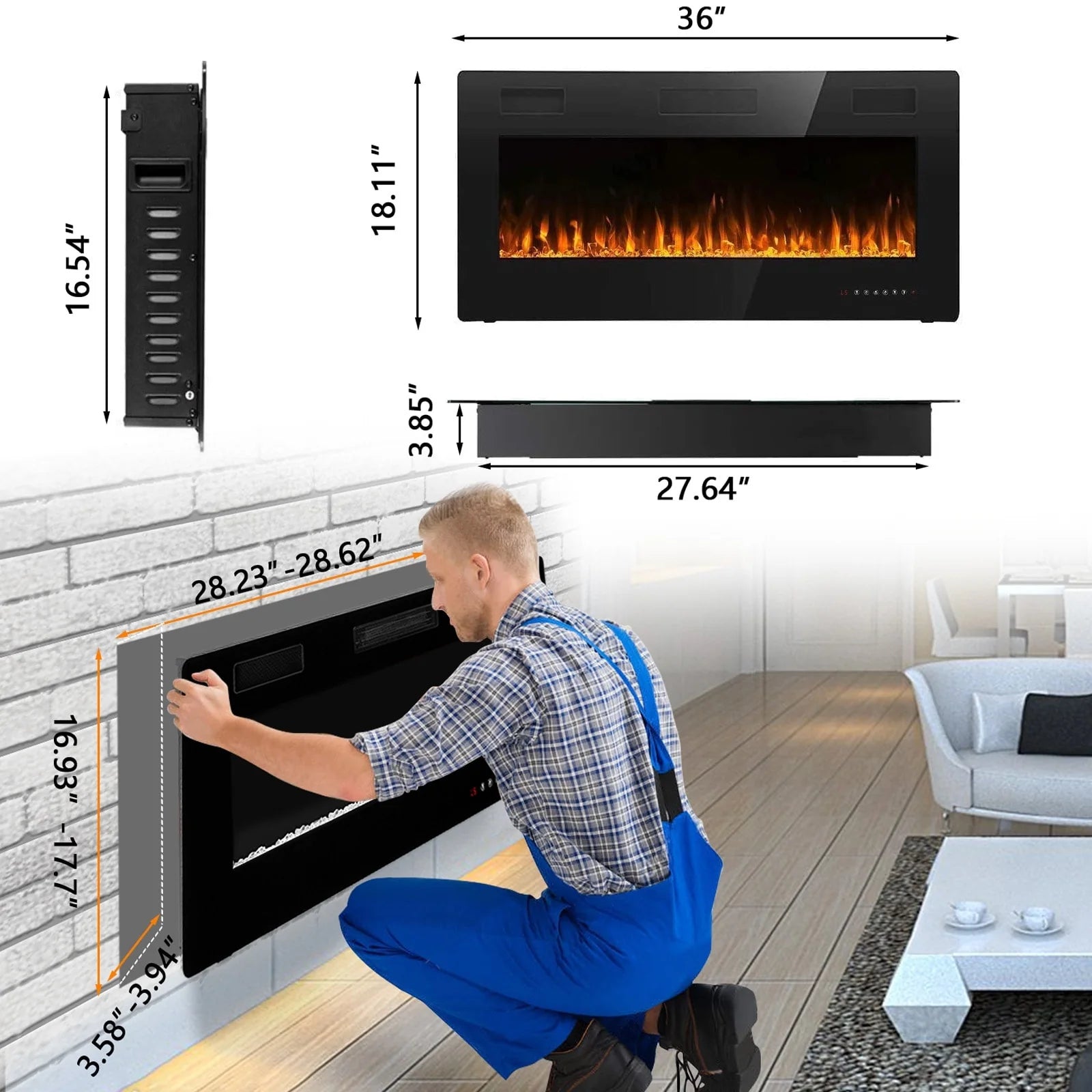 Bossin 30 to 72 inch Electric Fireplace Ultra-Thin and Silence Linear Recessed Wall Mounted Fireplace with Remote Control