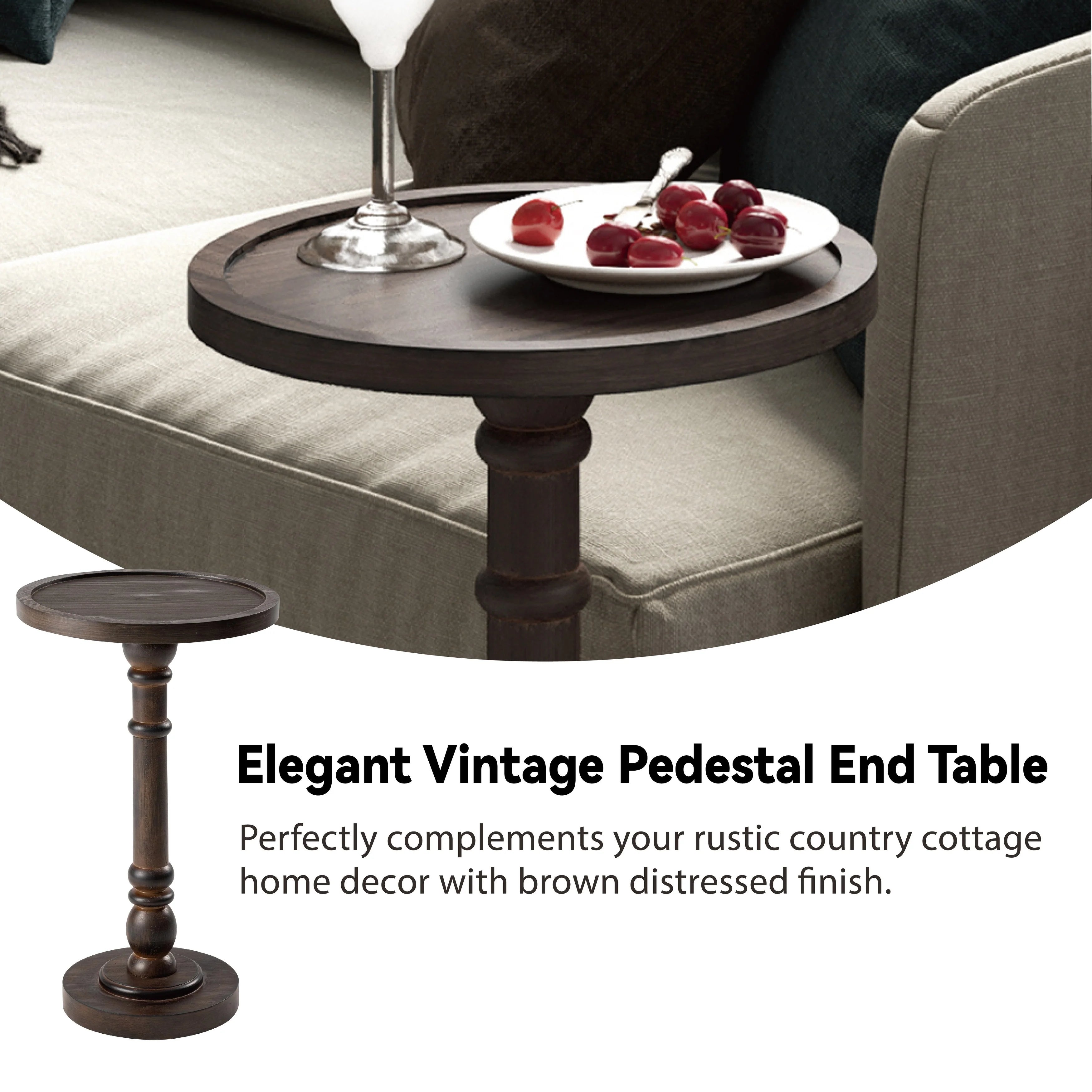 COZAYH Pedestal Small Drinking Table, Farmhouse Tray Top End Table, Distressed Finish, Traditional