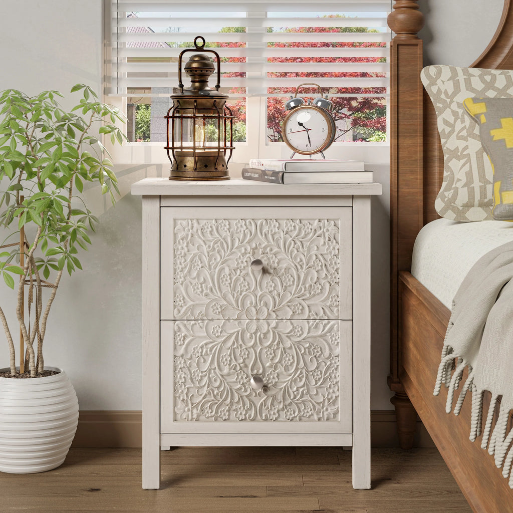 COZAYH Farmhouse Fully-Assembled Nightstand with 2-Drawer, Flower Motif End Table for Small Spaces, French Country