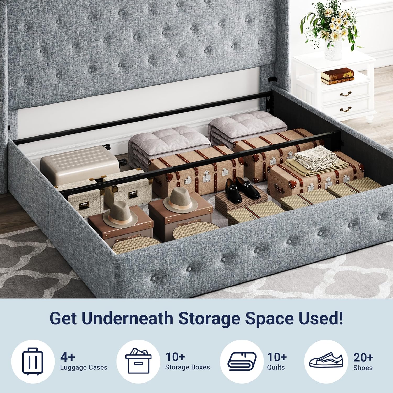 ALLEWIE Queen Size Lift Up Storage Bed with Wingback Headboard