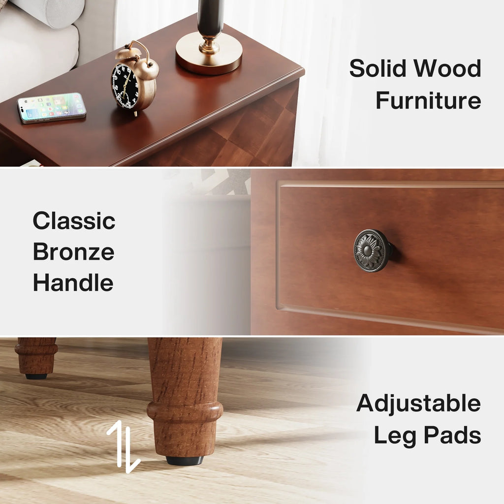 Fully Assembled Narrow End Table, Solid Wood Side Table with 3 Drawers, Vintage Nightstand Slim Bedside Table for Small Spaces