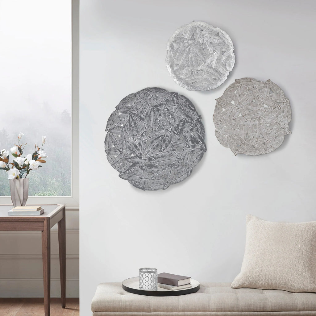 Madison Park Rosalie Textured Feather 3-piece Metal Disc Wall Decor Set