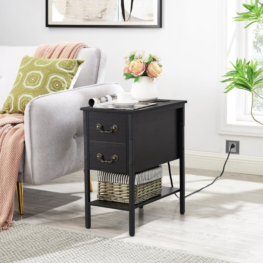 End Table with Charging Station, Narrow Chairside Table with Drawers & USB Ports & Power Outlets, Nightstand for Small Spaces