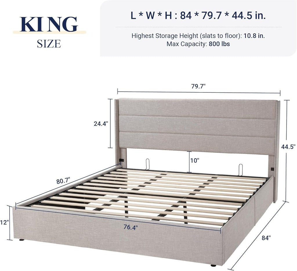 ALLEWIE Queen Size Lift Up Storage Bed with Wingback Headboard