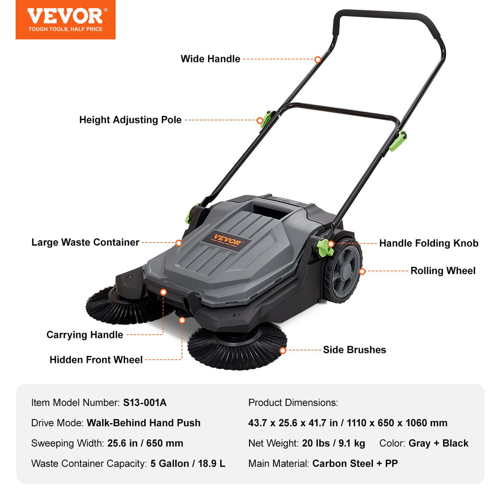 VEVOR Walk-Behind Hand Push Floor Sweeper, 5-Gallon Waste Container