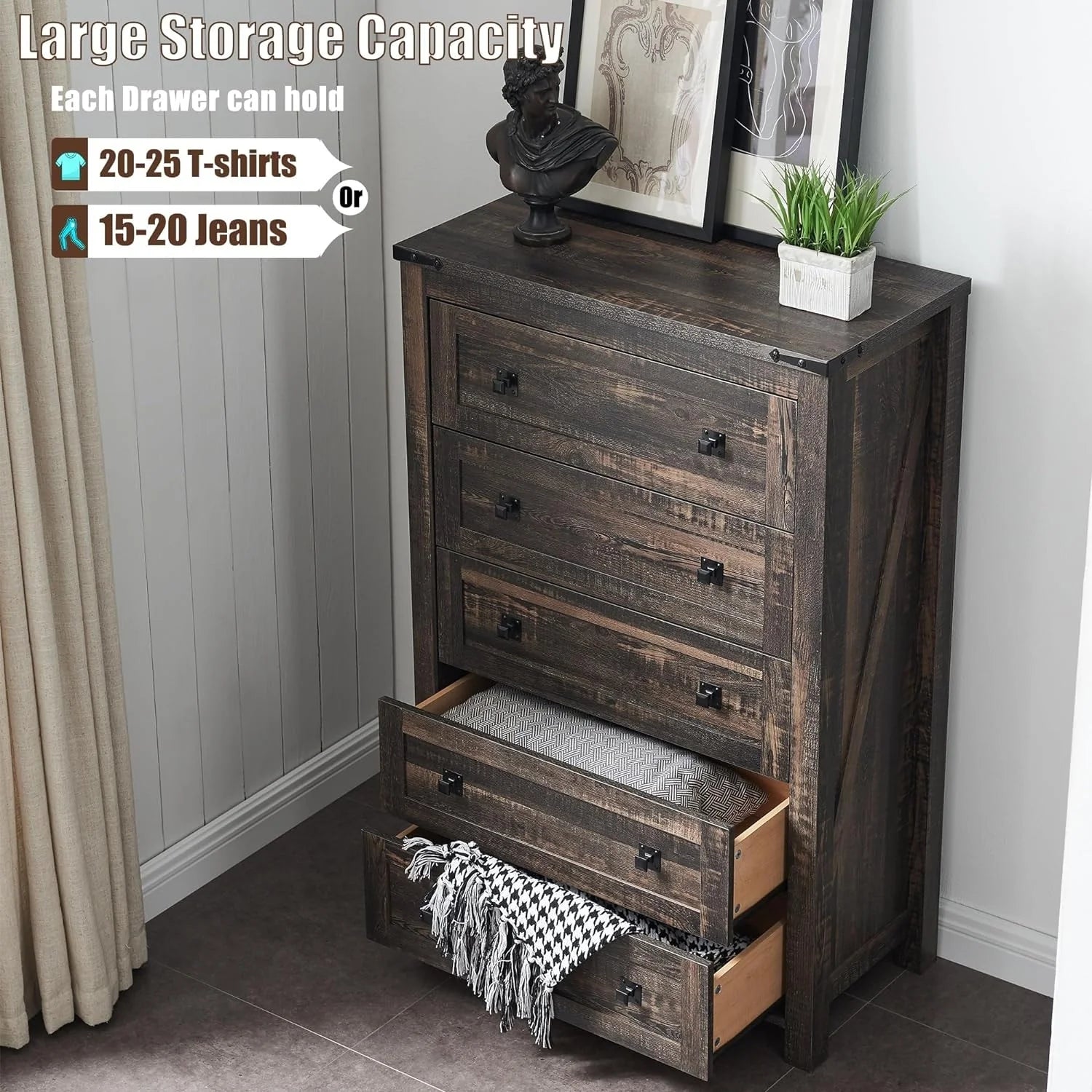 48 Tall Farmhouse 5 Drawer Wood Dresser, Chest of Drawers for Bedroom