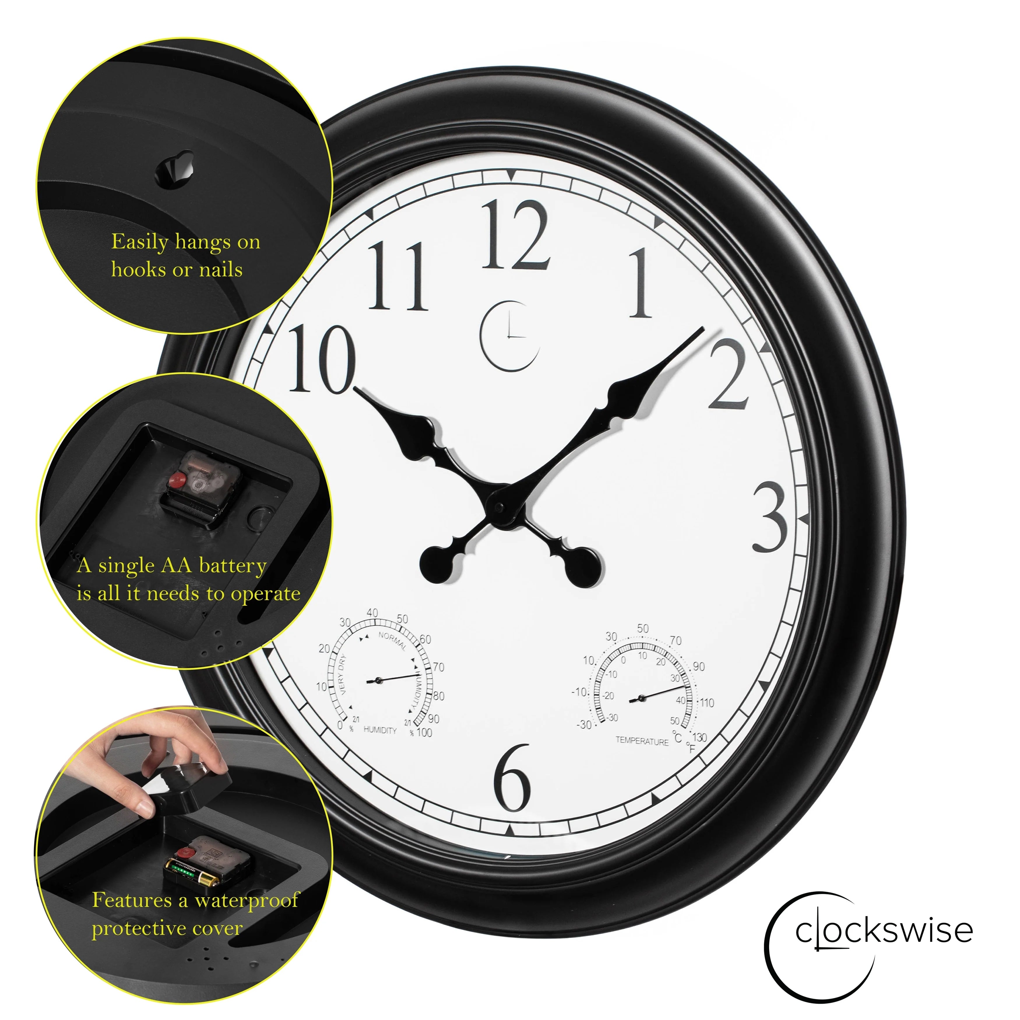 Large Outdoor Wall Clock Thermometer Combo, Waterproof Silent Garden Weather Station Home Indoor Patio Pool Black
