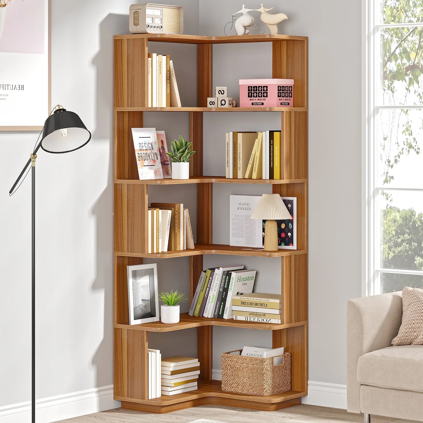 6-Tier Corner Book Shelf, 64.9Tall Freestanding Wood Industrial Bookcase Bookshelf
