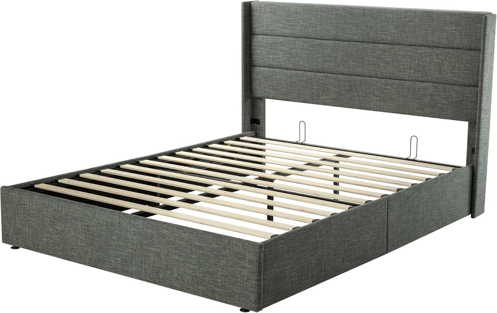 ALLEWIE Queen Size Lift Up Storage Bed with Wingback Headboard