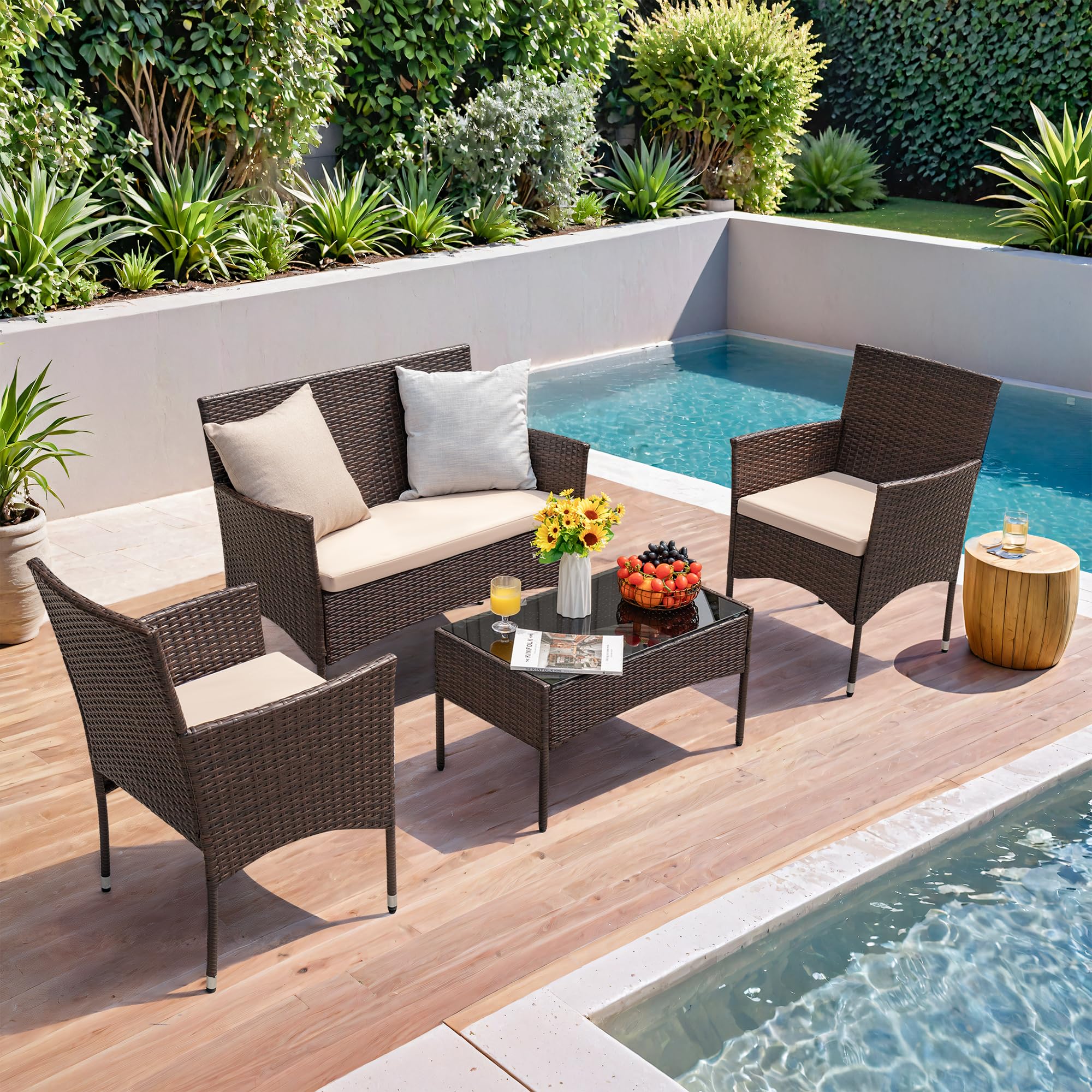 Homall 4 Pieces Outdoor Patio Furniture Sets Rattan Chair Wicker Set