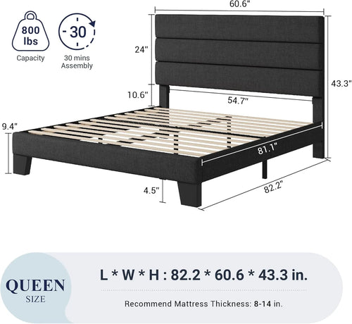 ALLEWIE Queen Size Upholstered Platform Bed Frame - Dark Grey