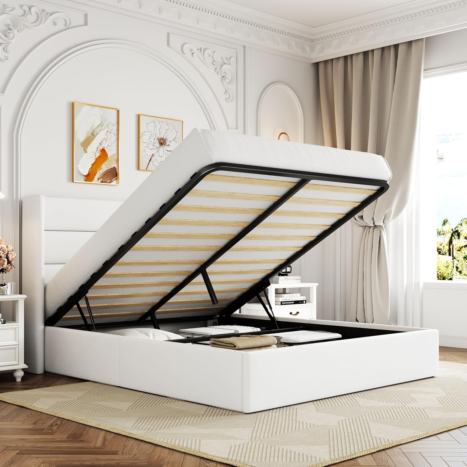 ALLEWIE Queen Size Lift Up Storage Bed with Wingback Headboard