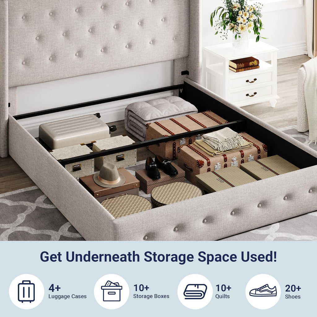 ALLEWIE Queen Size Lift Up Storage Bed with Wingback Headboard