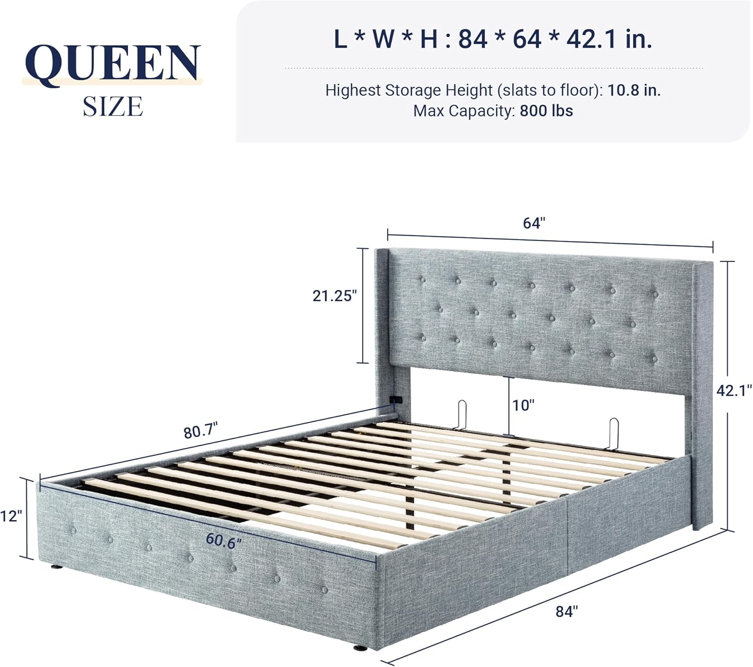 ALLEWIE Queen Size Lift Up Storage Bed with Wingback Headboard