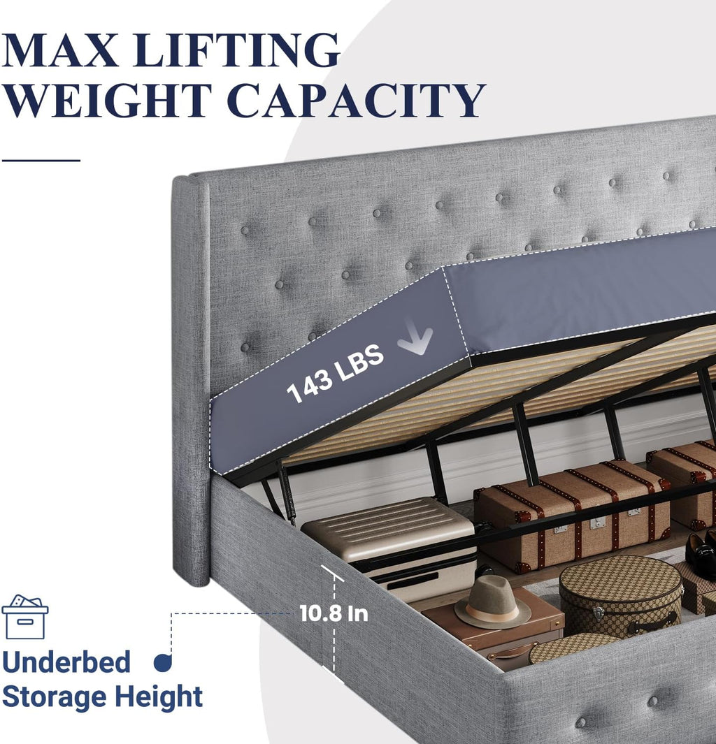 ALLEWIE Queen Size Lift Up Storage Bed with Wingback Headboard