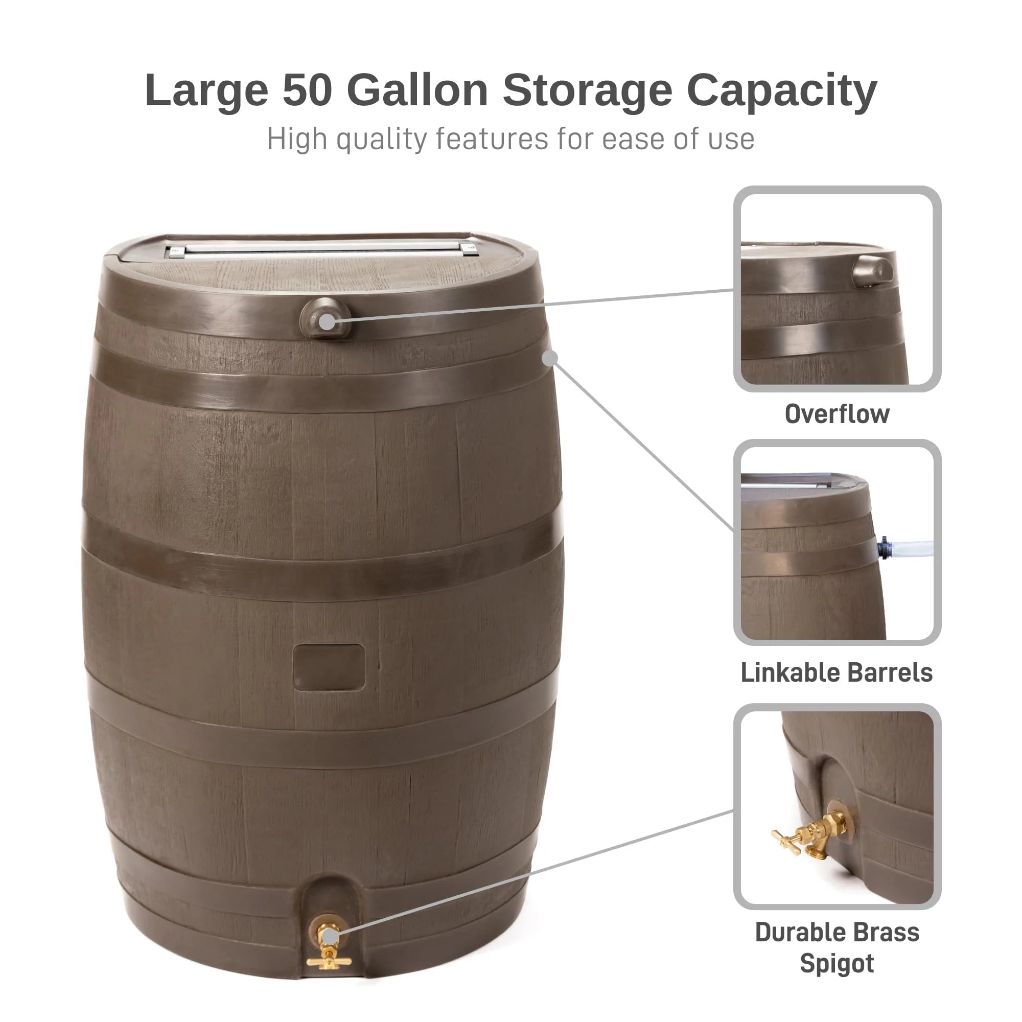 RTS HOME ACCENTS 50-Gallon Rain Barrel with Brass Spigot - Walnut
