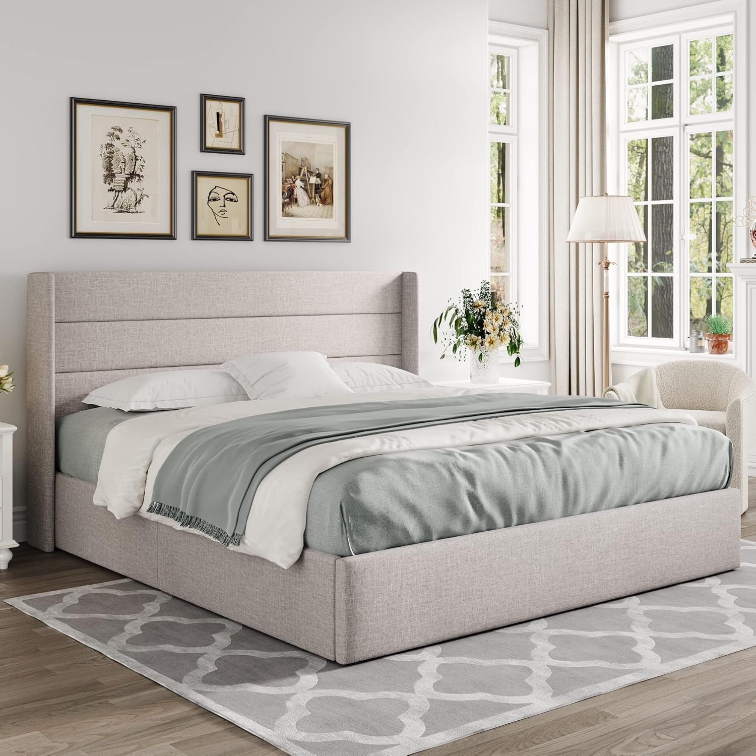 ALLEWIE Queen Size Lift Up Storage Bed with Wingback Headboard
