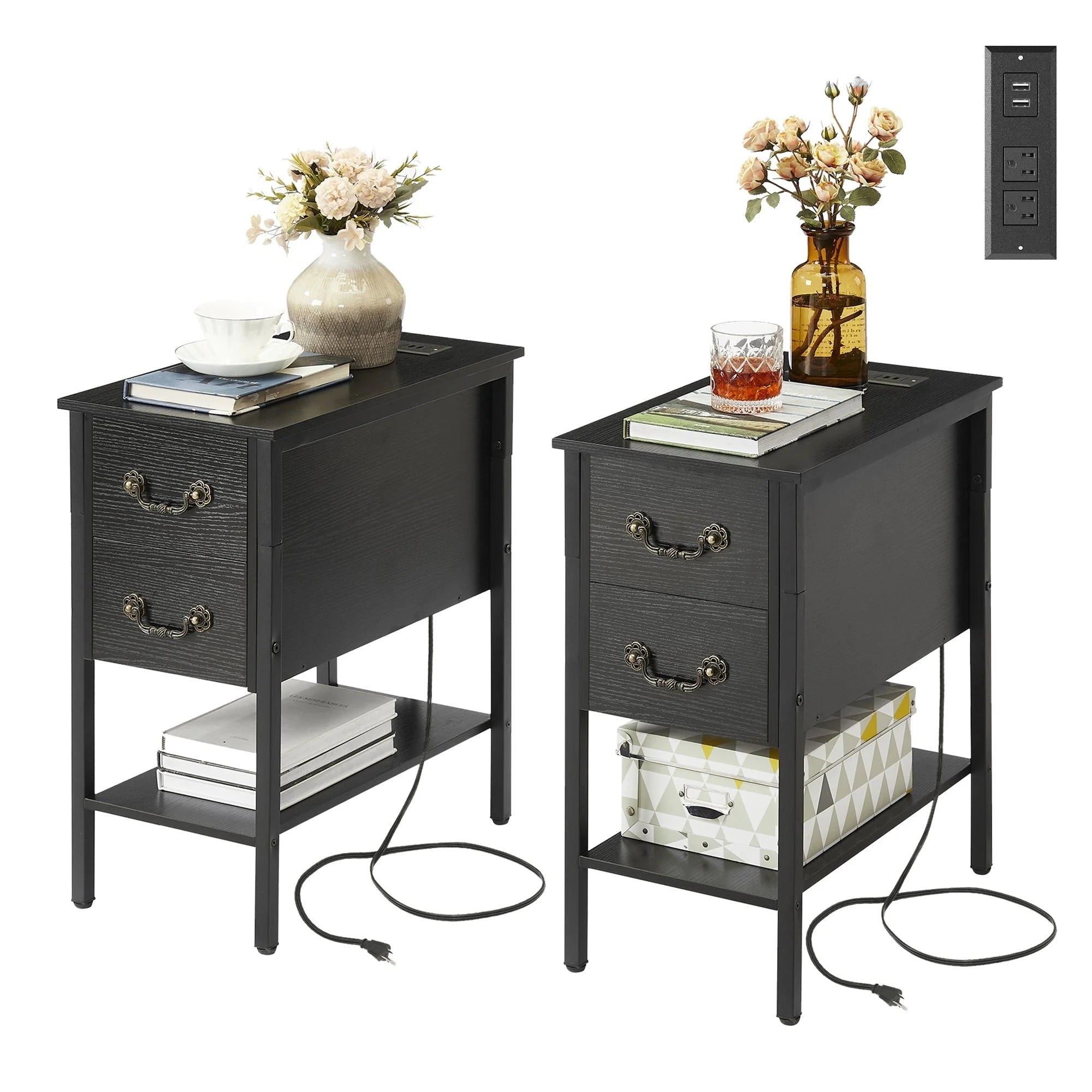 End Table with Charging Station, Narrow Chairside Table with Drawers & USB Ports & Power Outlets, Nightstand for Small Spaces