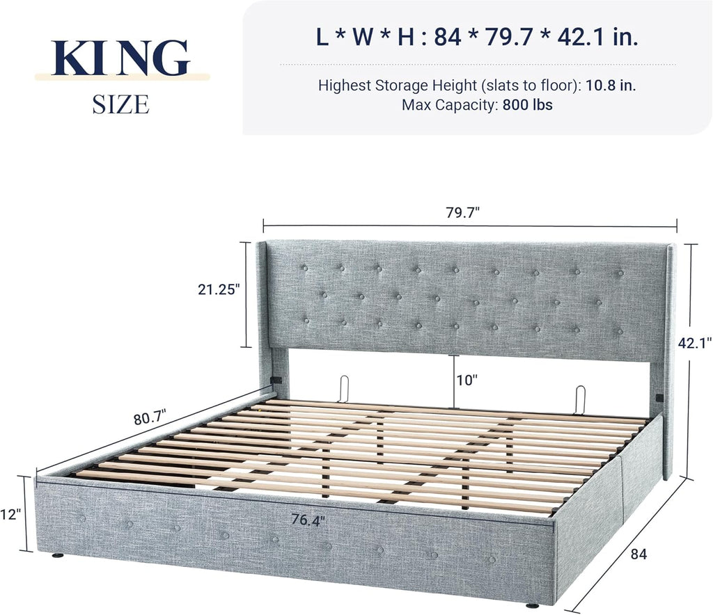 ALLEWIE Queen Size Lift Up Storage Bed with Wingback Headboard