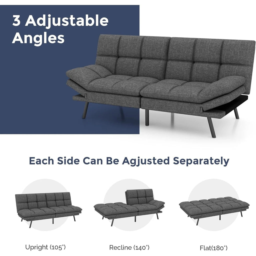 Futon Sofa Bed, Memory Foam Foldable Couch Convertible Loveseat Sleeper Daybed with Adjustable Armrests for Small Space