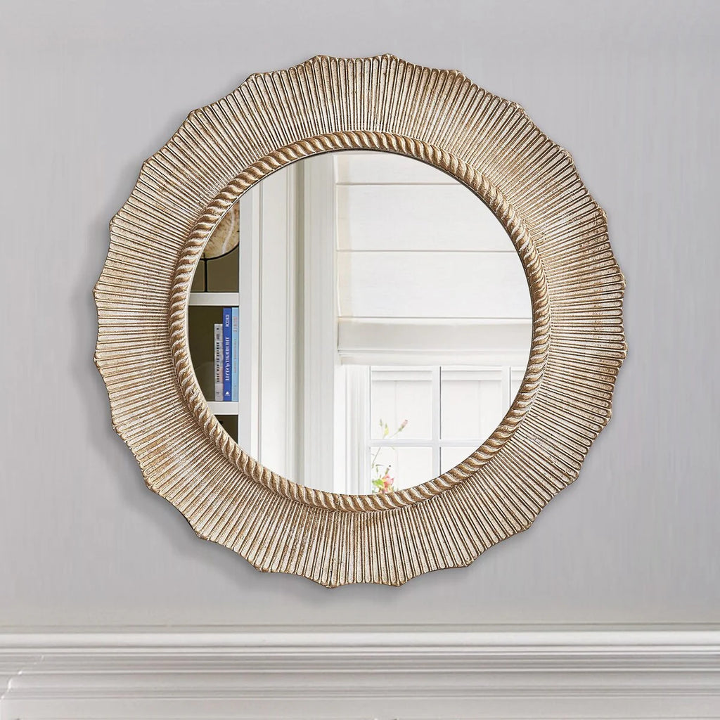 30-in Bohemian Beige Round Wooden Decorative Bathroom Vanity Wall Mirror