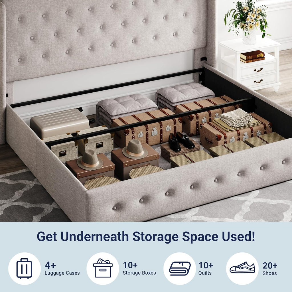 ALLEWIE Queen Size Lift Up Storage Bed with Wingback Headboard