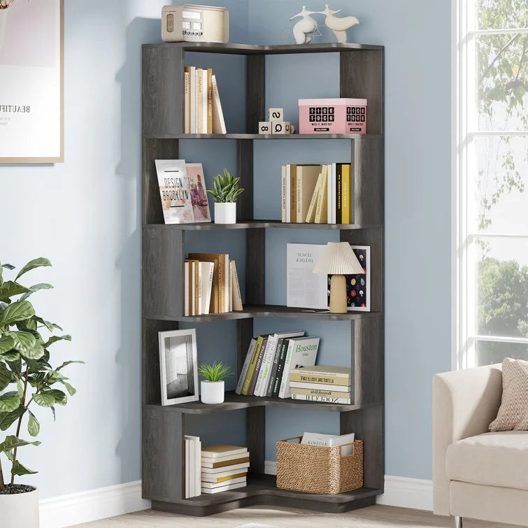 6-Tier Corner Book Shelf, 64.9Tall Freestanding Wood Industrial Bookcase Bookshelf