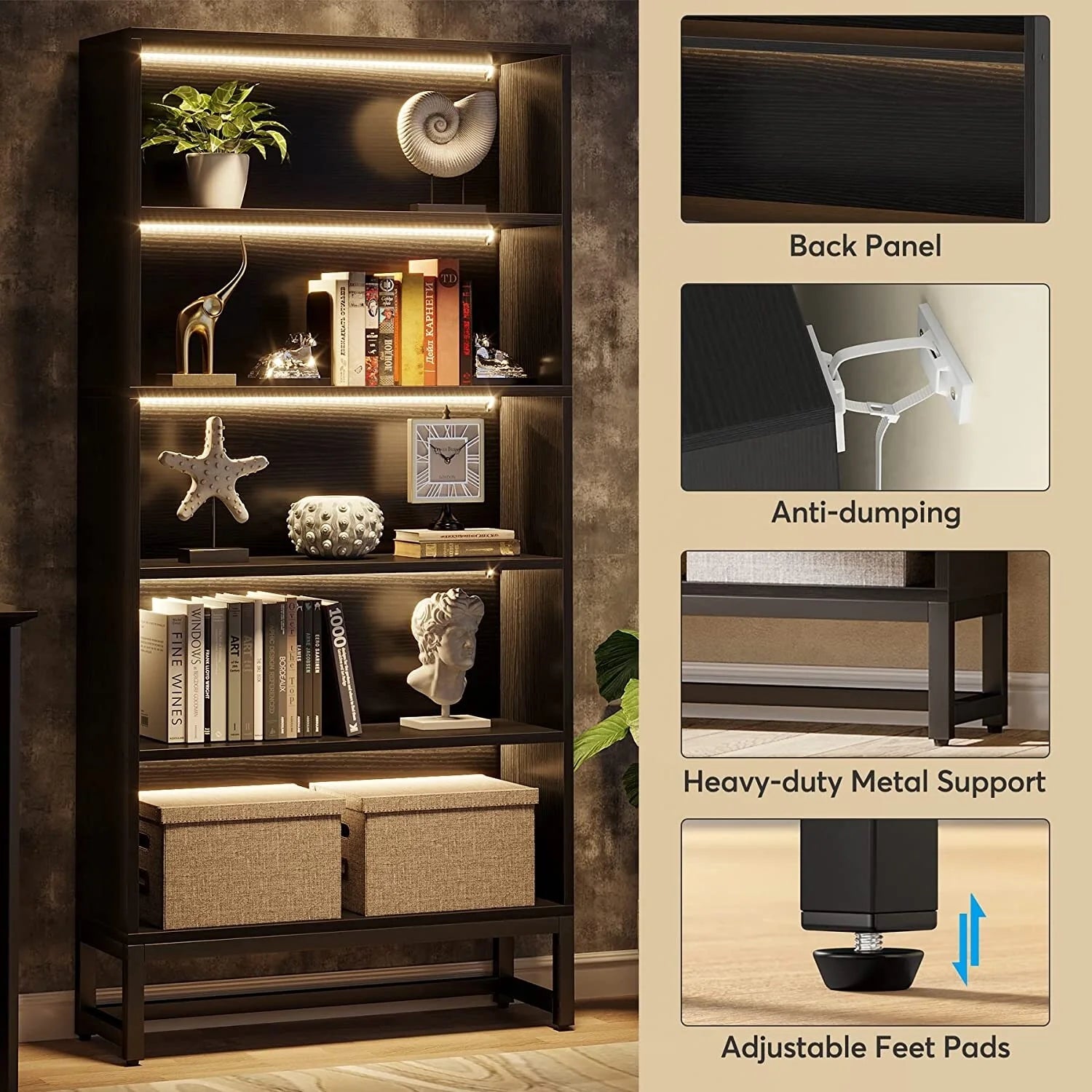 70.8 Inches Tall Bookcase and Bookshelf, 5-Tier Large Bookcases - 11.81D x 31.5W x 70.87H