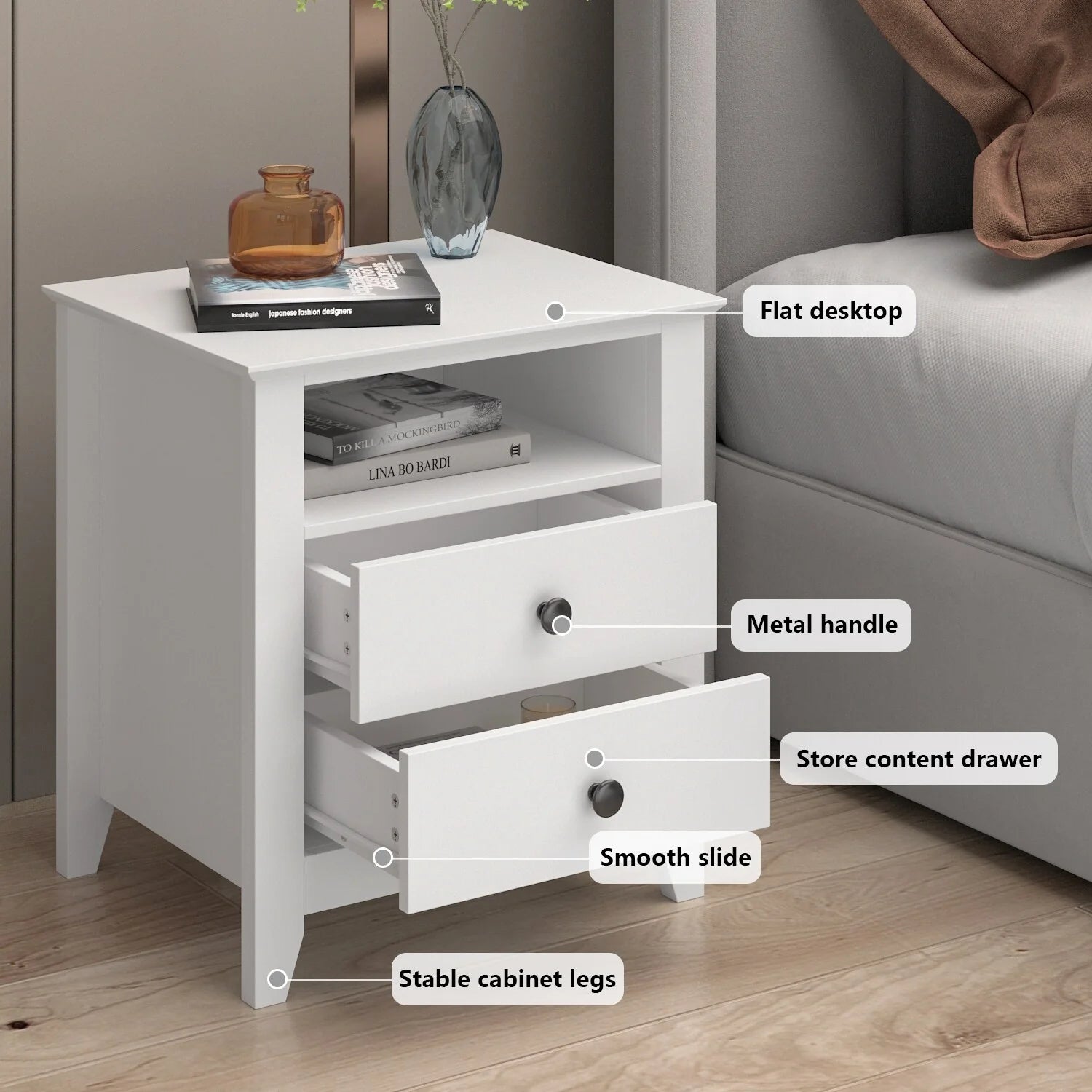 Timechee 21.7'' Tall 2 - Drawer 1- Shelf Nightstand in White End Table