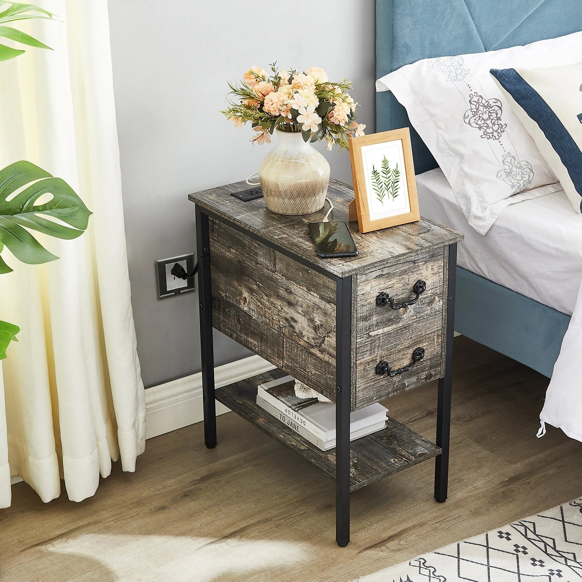 End Table with Charging Station, Narrow Chairside Table with Drawers & USB Ports & Power Outlets, Nightstand for Small Spaces