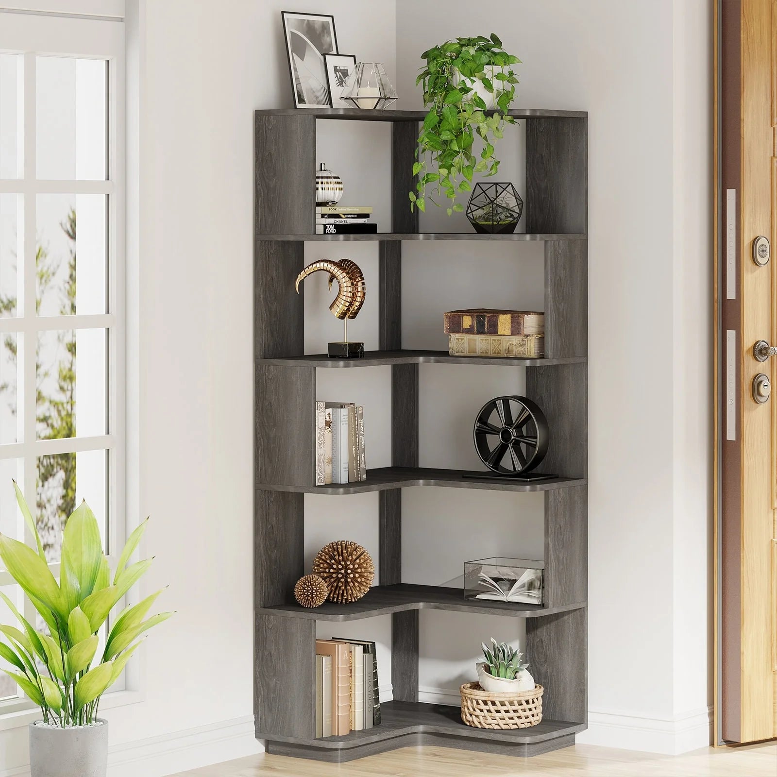 6-Tier Corner Book Shelf, 64.9Tall Freestanding Wood Industrial Bookcase Bookshelf