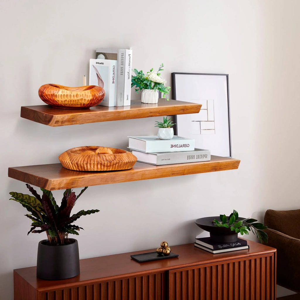 Home Soft Things 1 PieceTeak Shelf With Live Edge Wooden Wall Shelves