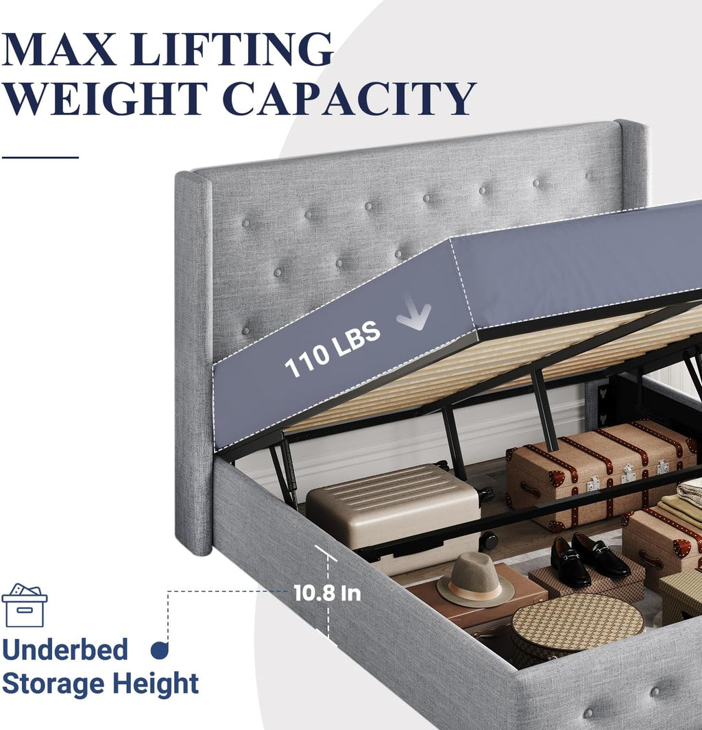 ALLEWIE Queen Size Lift Up Storage Bed with Wingback Headboard