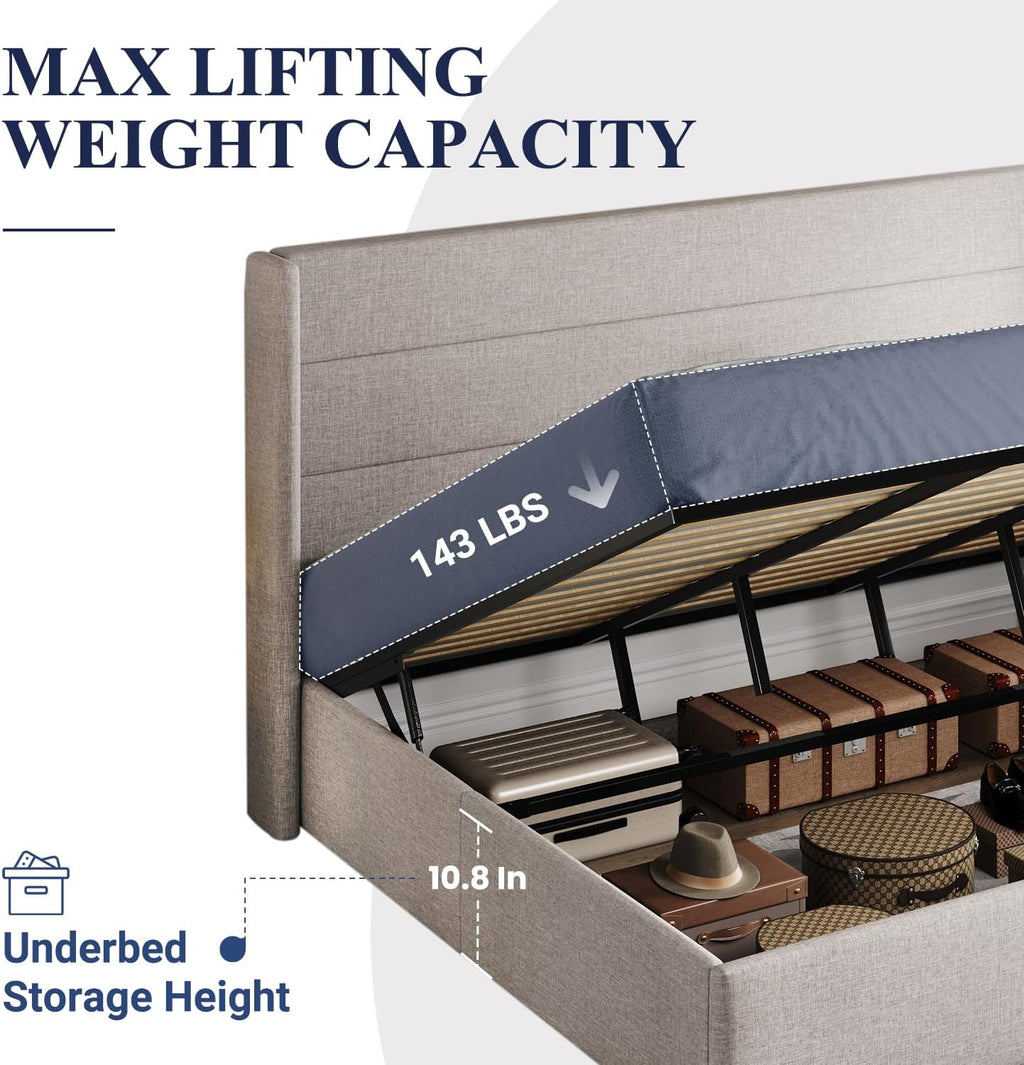 ALLEWIE Queen Size Lift Up Storage Bed with Wingback Headboard