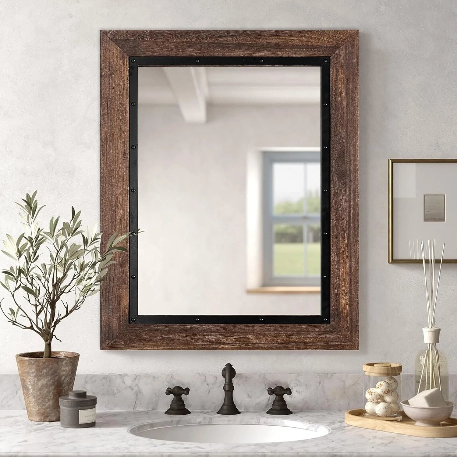 Rustic Wooden and Embedded Iron Framed Wall Bathroom Vanity Mirror