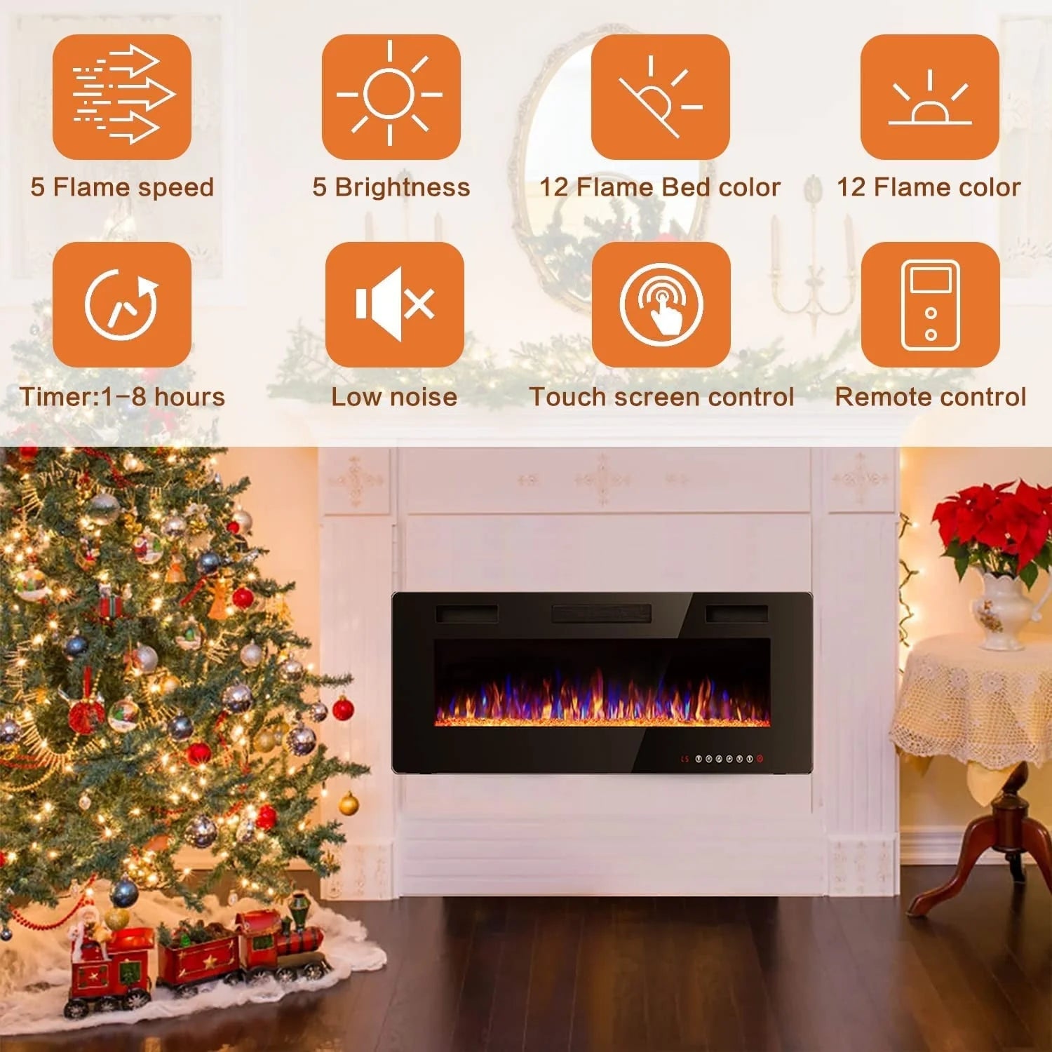 Bossin 30 to 72 inch Electric Fireplace Ultra-Thin and Silence Linear Recessed Wall Mounted Fireplace with Remote Control