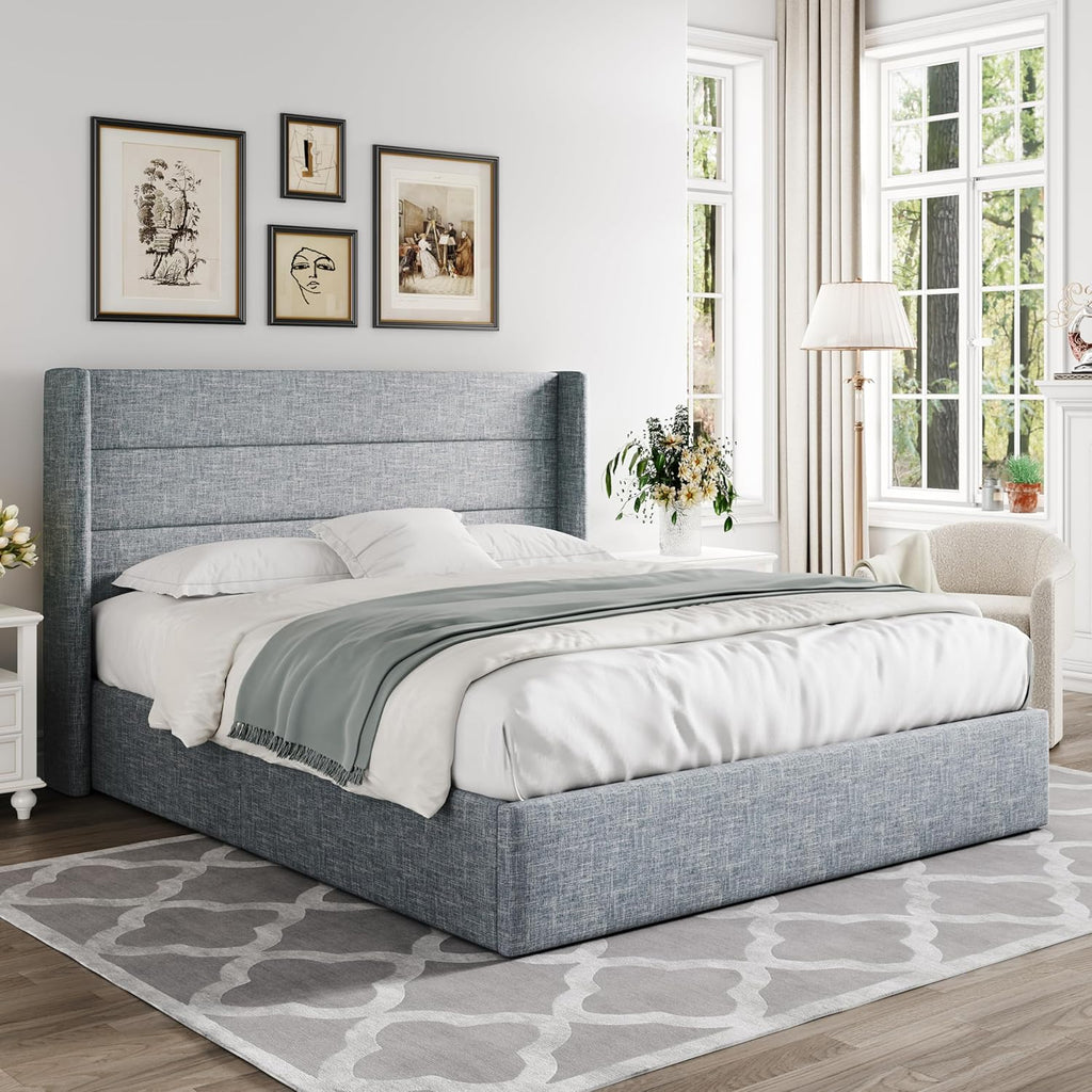ALLEWIE Queen Size Lift Up Storage Bed with Wingback Headboard