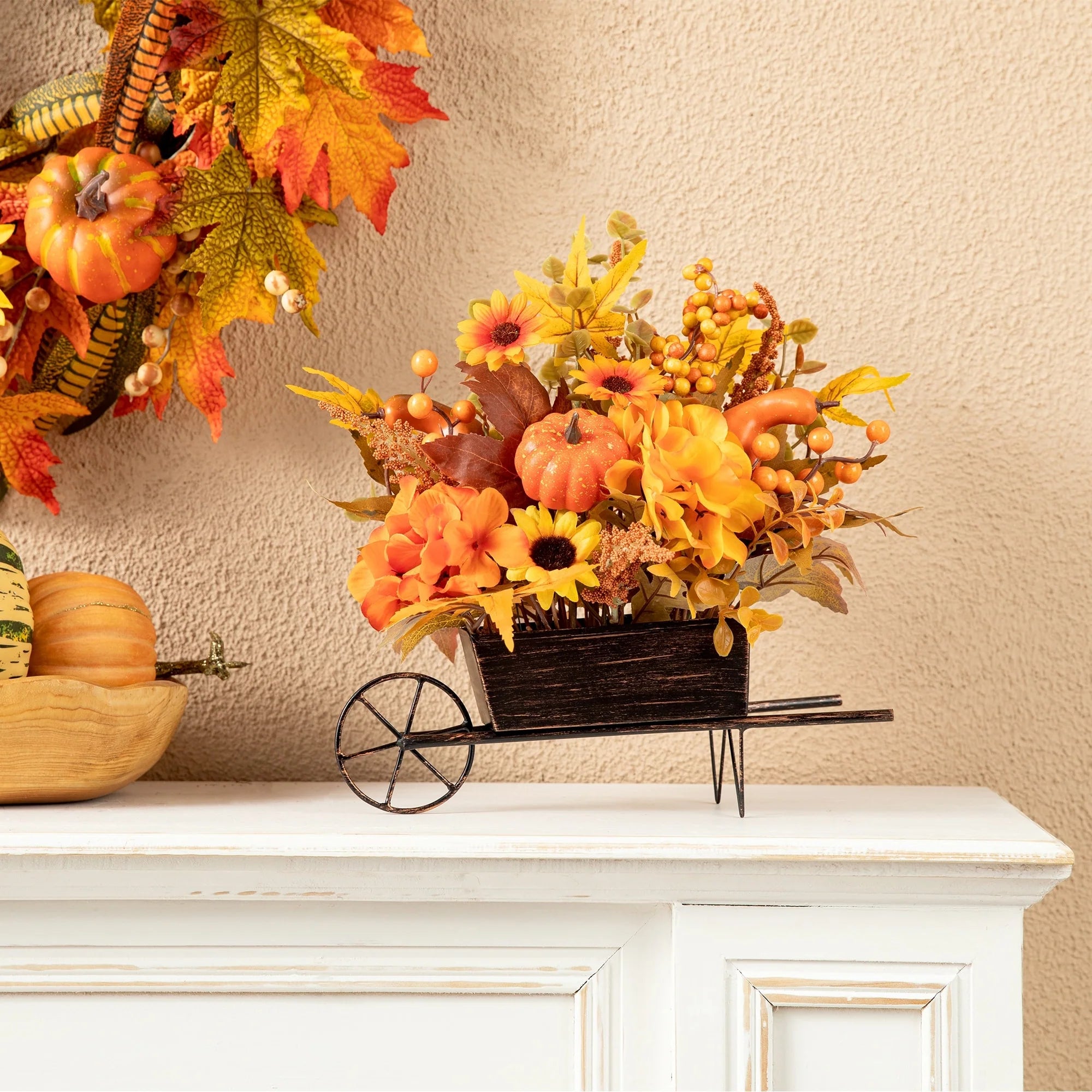 Glitzhome 14L Fall Unique Floral Cart / Multi-Colored Sorghum Cart Centerpiece Thanksgiving Table Decor